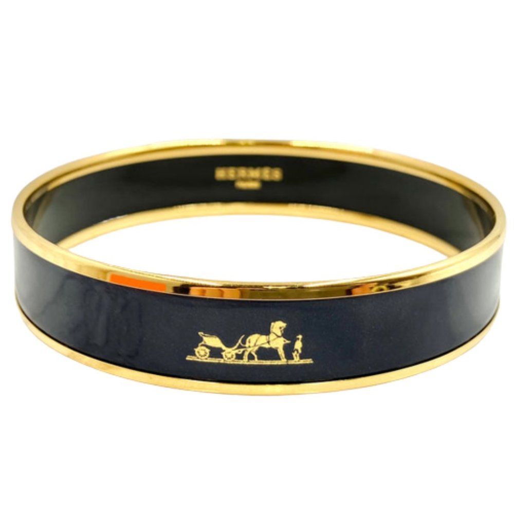 Authentic, rare Hermes Wide Caleche Enamel Bangle Bracelet in dark navy & gold